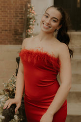 Misshow Red Satin Tight Short Homecoming Dress/Mini Dress with Feathers